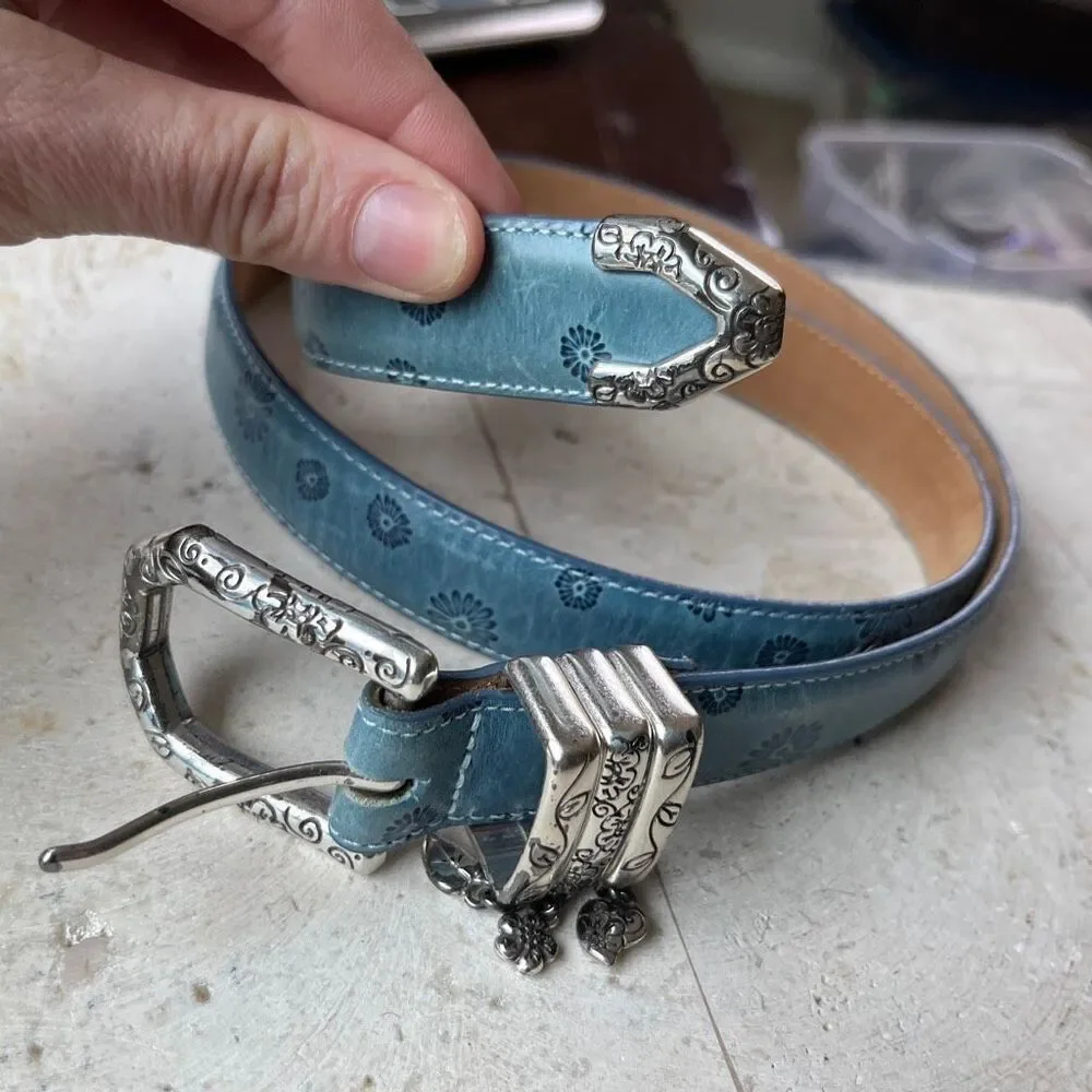 Brighton Blue Floral Tooled Leather Belt Charm Western Boho Y2K ML 32